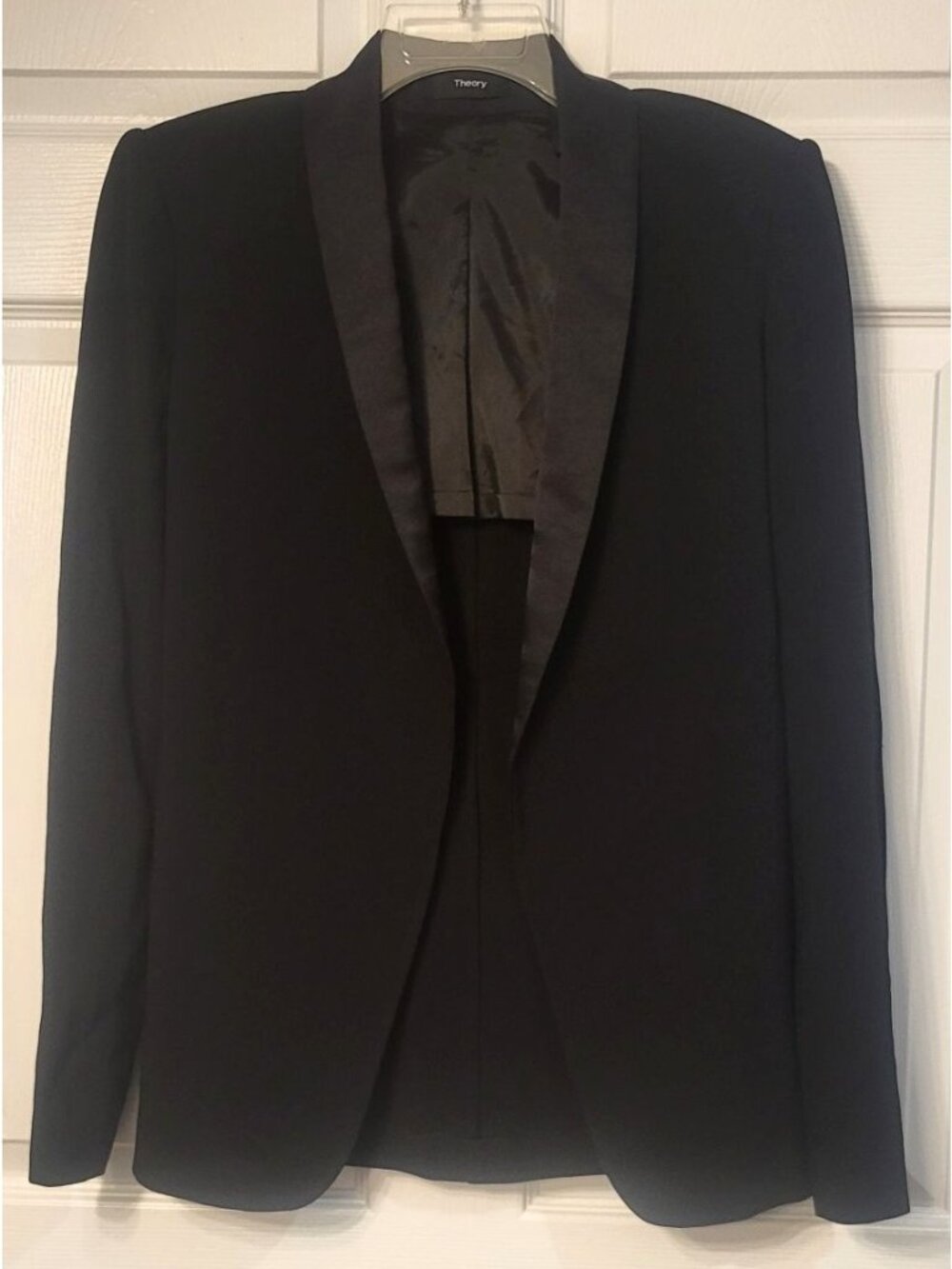 Womens Theory Fluid Shawl Blazer Rosina Crepe SZ 6 Open-Front Satin Collar